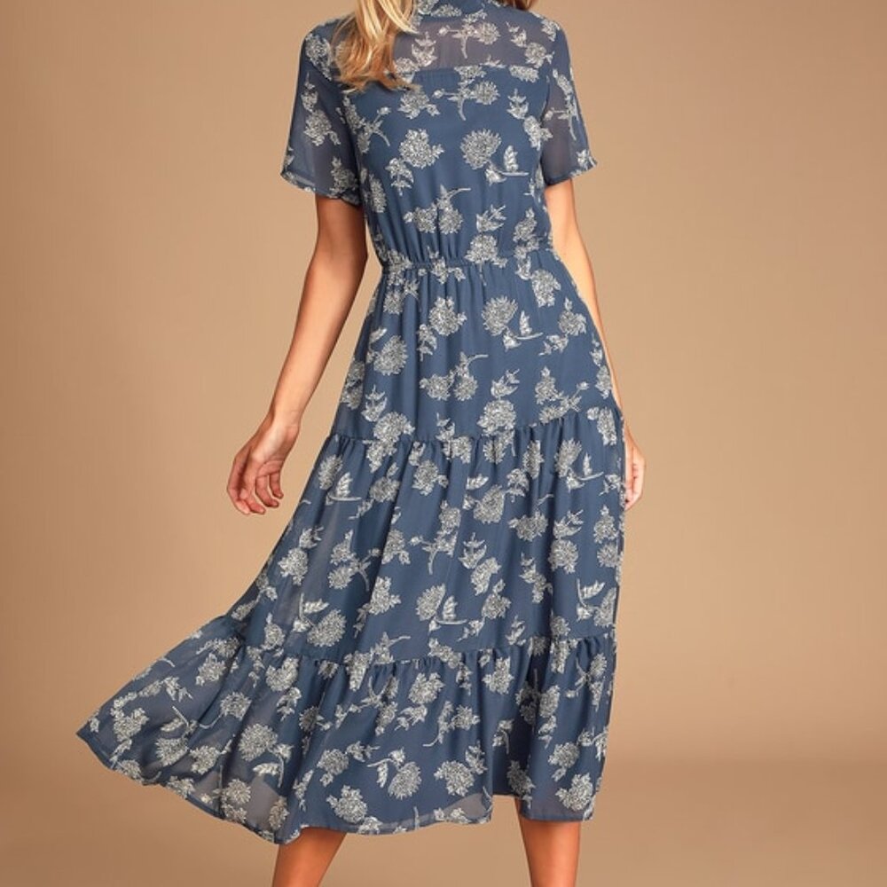 Lulus Floral Dressed Up Dusty Blue Floral Print Midi Dress - Size S